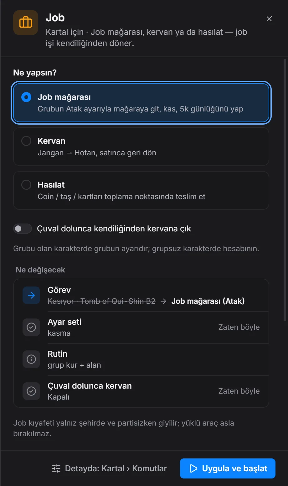 Job planı: job mağarası, kervan ve hasılat