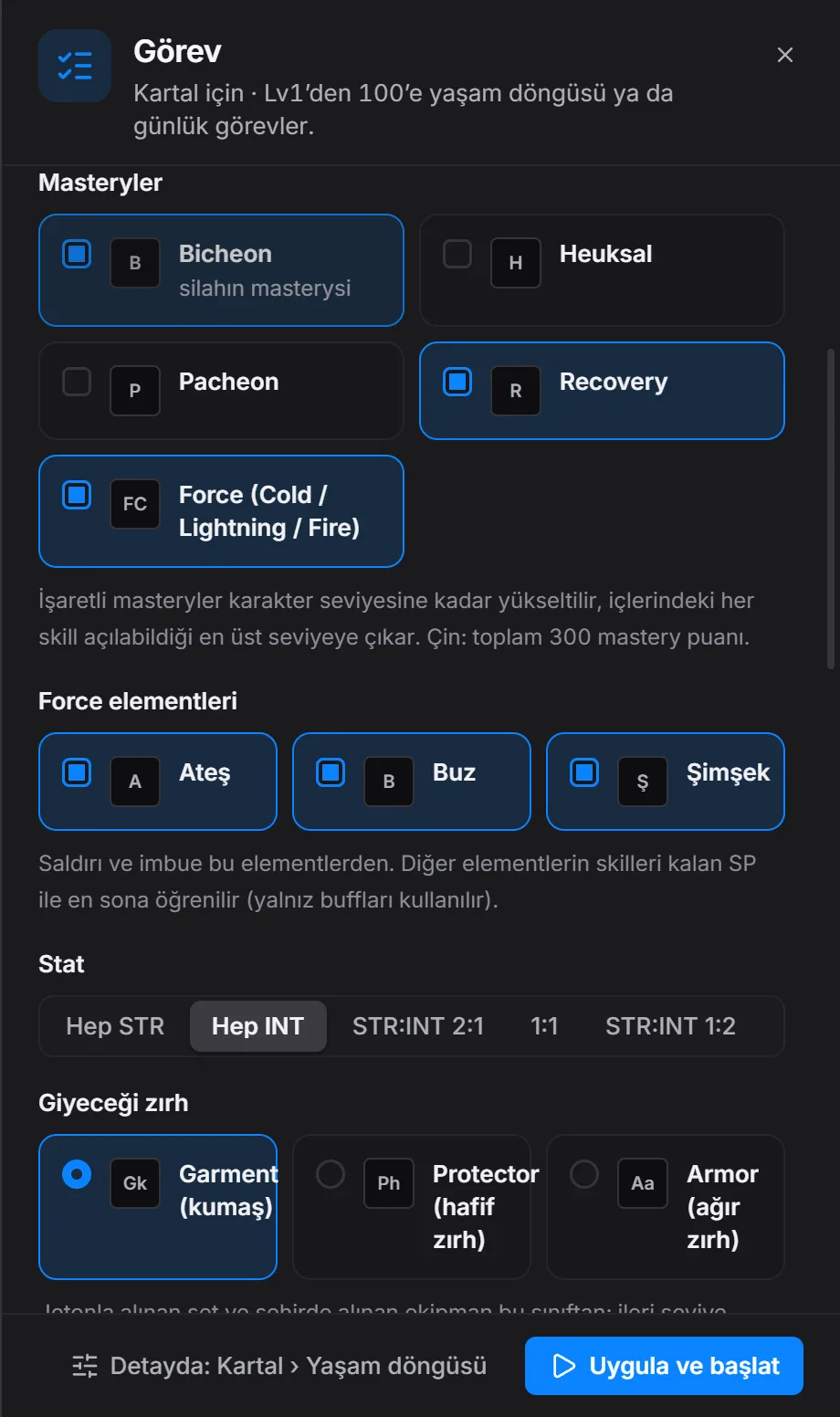 Build seçimi: mastery, element, stat ve zırh