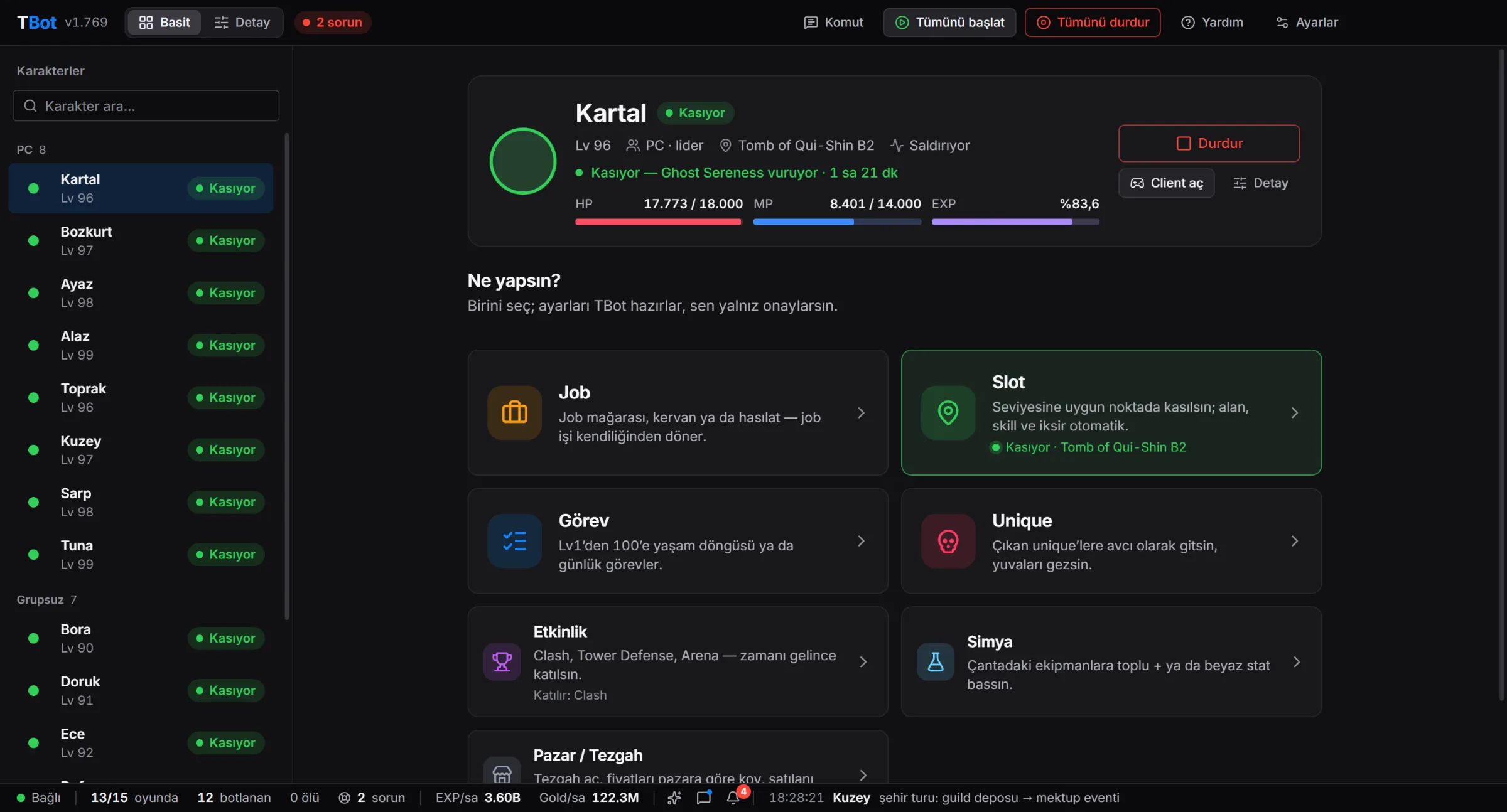 TBot Basit mod: karakter kartı ve “Ne yapsın?” seçimleri